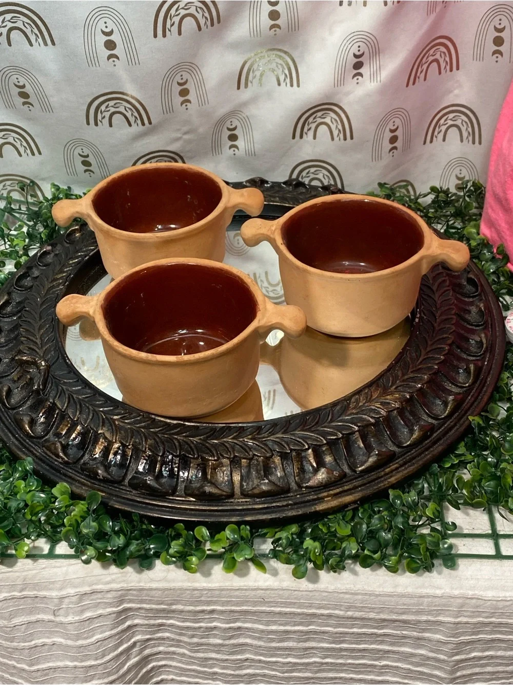 Set of 3 Vintage Terracotta Double-Handled Soup Bowls - Brown Interior